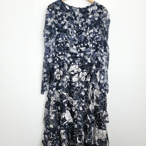 Marchesa Notte Floral-Print Tiered Midi Dress in Navy 14 - Picture 8 of 12